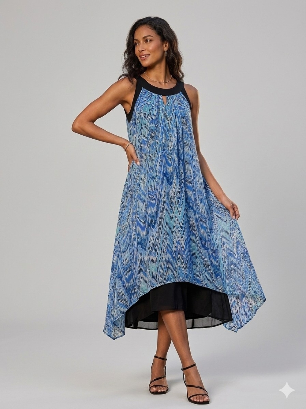Jessica Blue Dress Multi Color Flowy Stretch Summer Sz 12